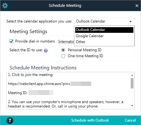 Schedule a Meeting window in Amazon Web Services' (AWS) Chime Unified Communication Application