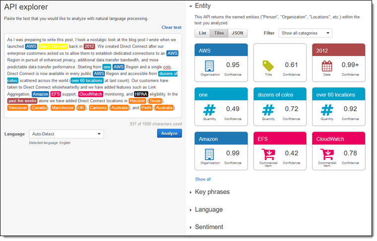 Screenshot of Amazon Comprehend's sentiment analysis tool.