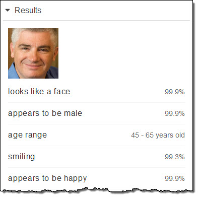 Result of an Amazon Web Services' Rekognition facial recognition services showing a range of 45 to 65 years old for the photo of Jeff Bar, AWS's Chief Evangelist.