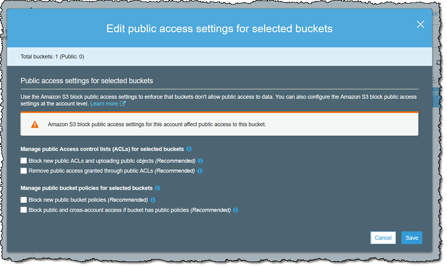 Paramètres de blocage d'accès public Amazon S3