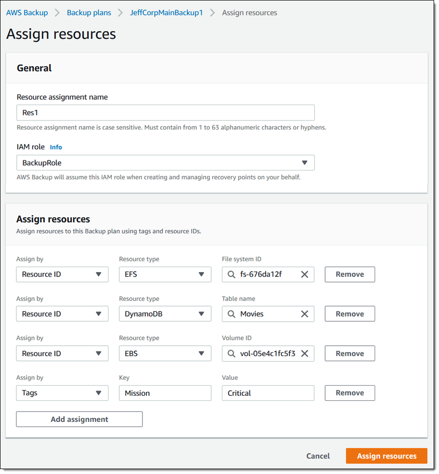 resource assignment aws backup