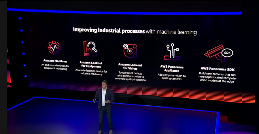 Matt Wood stands in front of slide showing Improving industrial processes with machine learning