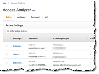 몇 가지 활성 조사 결과를 표시하는 IAM Access Analyzer