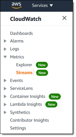 CloudWatch Side Menu(대시보드, 경보, 지표 등)