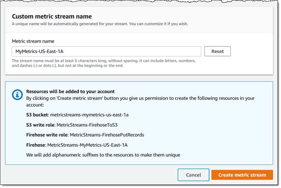 Metric Stream の名前を設定し、作成するリソースを確認します 