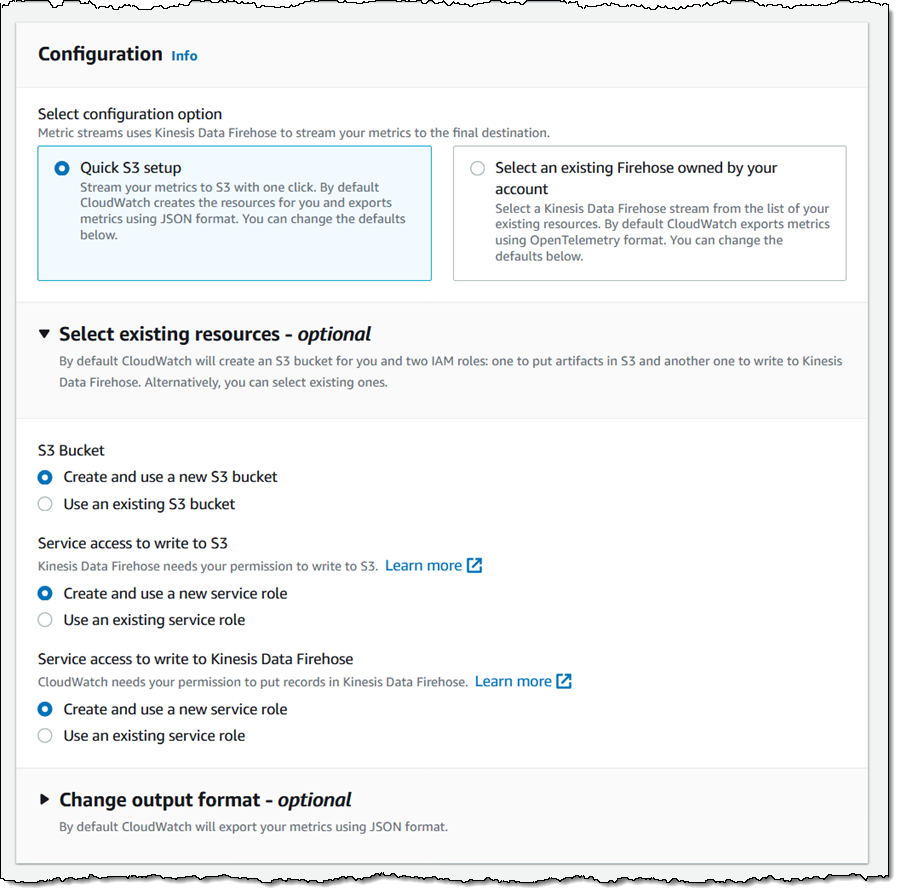 Create a Metric Stream - Options for S3 bucket and IAM roles