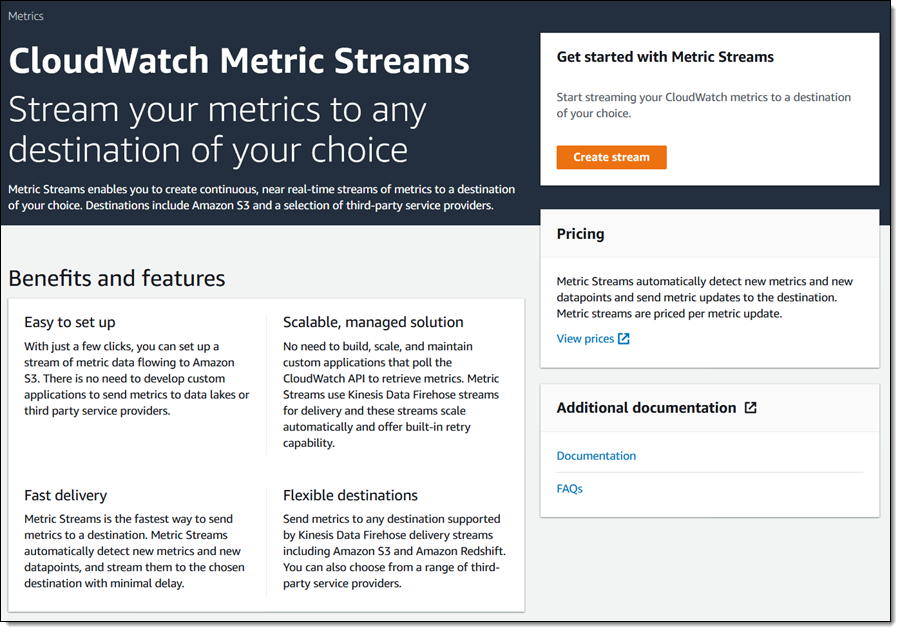 コンソールの CloudWatch Metric Streams のホームページ 