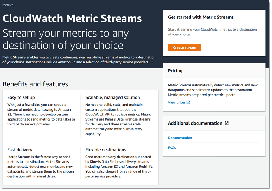 控制台中的 CloudWatch 指标流主页