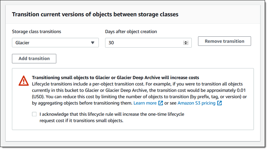 作成から 30 日後にオブジェクトを Glacier に移行する S3 ライフサイクルルールの設定。